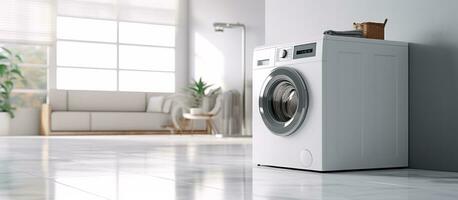 ai gerado branco embaçado casa lavanderia quarto com moderno lavando máquina foto