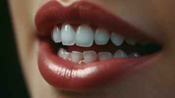 fechar-se do lindo fêmea lábios com branco dentes. dentes branqueamento conceito. foto