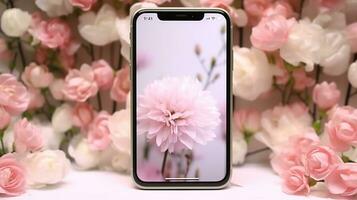 inteligente telefone zombar acima tela em Rosa pastel flores branco floral feminino Primavera fundo foto
