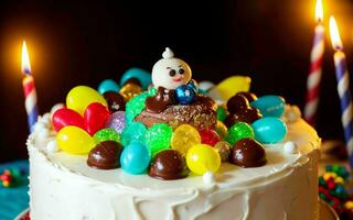 ai gerado doce celebração colorida bolo e alegre momentos às uma crianças aniversário festa ai gerado foto