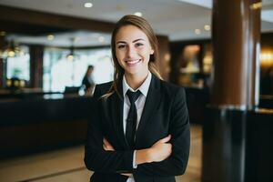 ai gerado retrato do lindo empresária dentro moderno escritório generativo ai foto