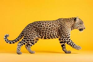 ai gerado leopardo em uma amarelo fundo. neural rede ai gerado foto