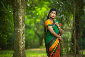 ai gerado retrato do uma tradicionalmente vestido mulher do indiano origem. neural rede ai gerado foto