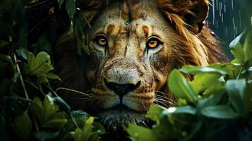 ai gerado retrato do uma selvagem leão dentro a folhas dentro a selva. gerado de artificial inteligência foto