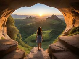 ai gerado em forma de coração caverna serenata mulher olhando às nascer do sol, amor conceito foto