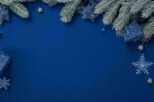 ai gerado azul fundo. alegre Natal e Novo ano bandeira com cópia de espaço. pró foto