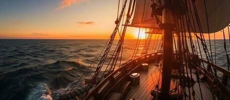 ai gerado Navegando navio às mar com uma panorâmico Visão do a pôr do sol foto