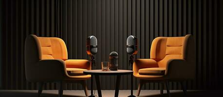 ai gerado dois cadeiras e microfones dentro podcast foto