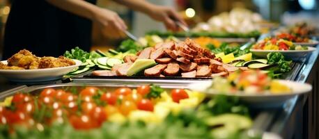 ai gerado pessoas grupo refeições bufê Comida interior dentro restaurante foto