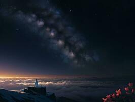 ai gerado surreal panorama com campo e natureza olhando às a celestial estrelado céu majestoso fundo foto