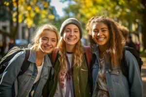 ai gerado sorridente fêmea alunos apreciar outono dia foto