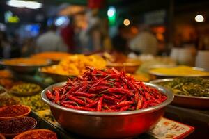 ai gerado picante vermelho pimentões às animado mercado foto