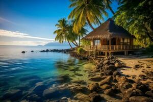 ai gerado tropical de praia paraíso, cabana e Palmeiras foto