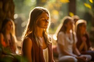 ai gerado sereno ao ar livre meditação com iluminado pelo sol folhagem foto