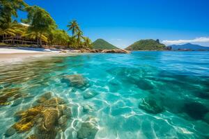 ai gerado tropical de praia serenidade Claro águas e exuberante folhagem foto