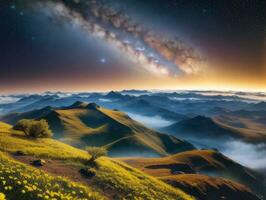 ai gerado surreal panorama com campo e natureza olhando às a celestial estrelado céu majestoso fundo foto