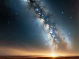 ai gerado surreal panorama com campo e natureza olhando às a celestial estrelado céu majestoso fundo foto