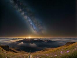 ai gerado surreal panorama com campo e natureza olhando às a celestial estrelado céu majestoso fundo foto