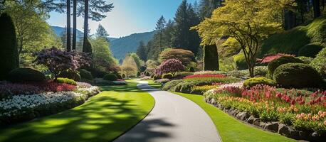 ai gerado parque ao ar livre bem cuidada gramado e canteiro de flores foto