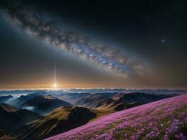 ai gerado surreal panorama com campo e natureza olhando às a celestial estrelado céu majestoso fundo foto