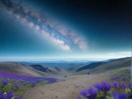 ai gerado surreal panorama com campo e natureza olhando às a celestial estrelado céu majestoso fundo foto