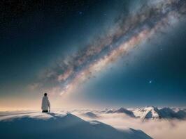 ai gerado surreal panorama com campo e natureza olhando às a celestial estrelado céu majestoso fundo foto