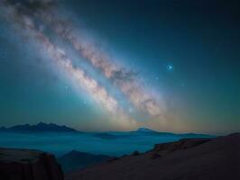 ai gerado surreal panorama com campo e natureza olhando às a celestial estrelado céu majestoso fundo foto