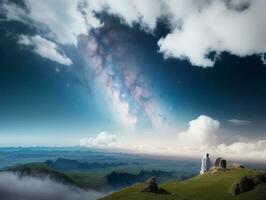 ai gerado surreal panorama com campo e natureza olhando às a celestial estrelado céu majestoso fundo foto