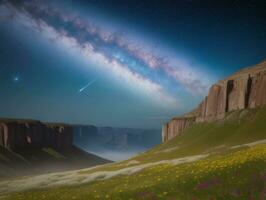 ai gerado surreal panorama com campo e natureza olhando às a celestial estrelado céu majestoso fundo foto