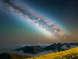 ai gerado surreal panorama com campo e natureza olhando às a celestial estrelado céu majestoso fundo foto