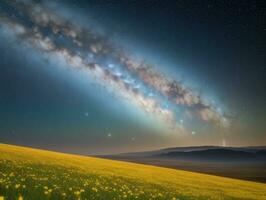 ai gerado surreal panorama com campo e natureza olhando às a celestial estrelado céu majestoso fundo foto