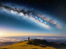 ai gerado surreal panorama com campo e natureza olhando às a celestial estrelado céu majestoso fundo foto