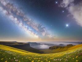 ai gerado surreal panorama com campo e natureza olhando às a celestial estrelado céu majestoso fundo foto