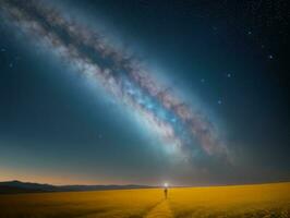 ai gerado surreal panorama com campo e natureza olhando às a celestial estrelado céu majestoso fundo foto