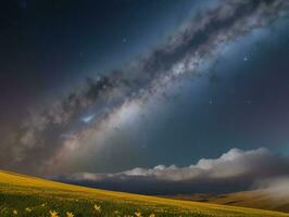 ai gerado surreal panorama com campo e natureza olhando às a celestial estrelado céu majestoso fundo foto