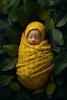 ai gerado botânico começos doce recém-nascido embrulhado dentro frondoso cobertor foto