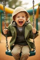 ai gerado balançando sorrisos criança riso e alegria em a Parque infantil foto