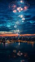 ai gerado uma paisagem urbana com fogos de artifício dentro a céu. Novo ano festividades foto