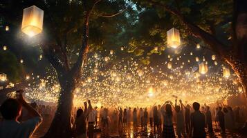 ai gerado a tradicional olímpico lanterna evento e uma luz mostrar durante crepúsculo. alegre celebração generativo ai foto