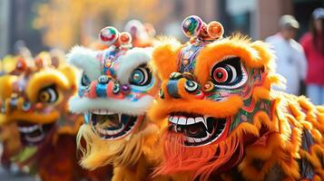 ai gerado uma grupo do chinês leão dançarinos executar dentro uma rua. dongzhi festival. generativo ai foto