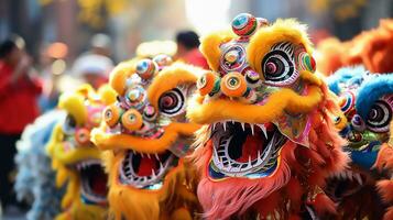 ai gerado uma grupo do chinês leão dançarinos executar dentro uma rua. dongzhi festival. generativo ai foto