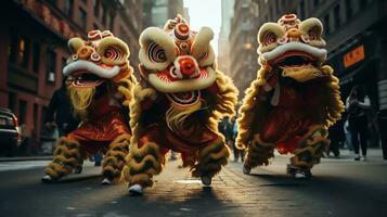 ai gerado uma grupo do chinês leão dançarinos executar dentro uma rua. dongzhi festival. generativo ai foto