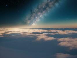 ai gerado órbita acima nuvem olhando às a celestial estrelado céu e planeta longe além foto