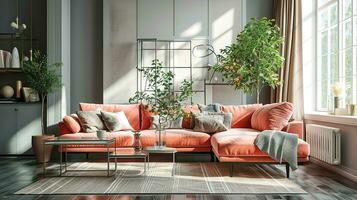 ai gerado vivo quarto interior Projeto com sofá mínimo estético luz Rosa veludo 3d rendido foto