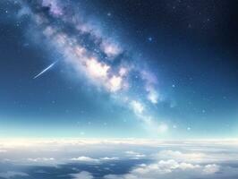 ai gerado órbita acima nuvem olhando às a celestial estrelado céu e planeta longe além foto