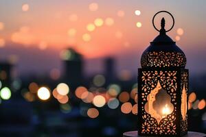 ai gerado lanterna com crepúsculo céu e cidade bokeh luz fundo foto