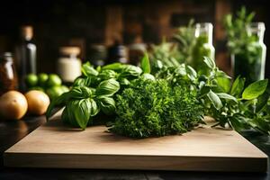 ai gerado cozinha especiarias estão em a cozinha mesa fundo profissional publicidade fotografia foto