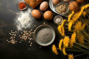 ai gerado cozinha especiarias estão em a cozinha mesa fundo profissional publicidade fotografia foto