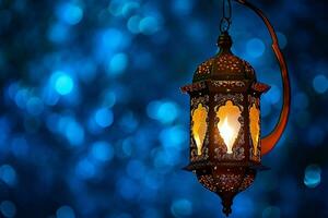 ai gerado a iluminado árabe colorida suspensão Ramadã lanterna foto