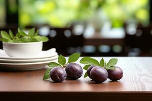 ai gerado ameixa fruta dentro a cozinha mesa profissional publicidade Comida fotografia foto